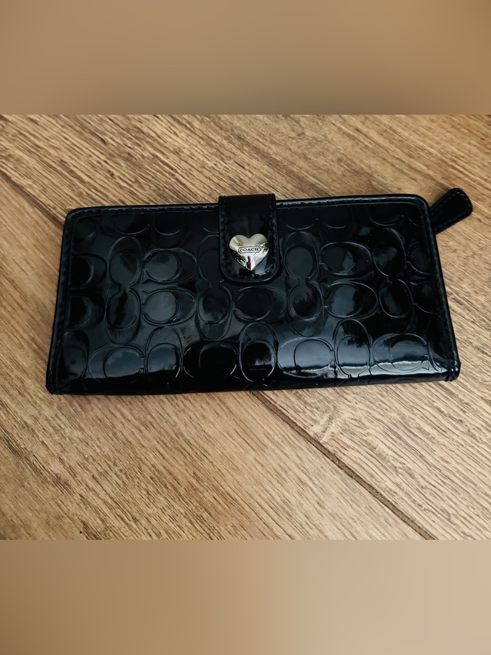 Coach Signature Black Patent Leather Slim Bifold Wallet